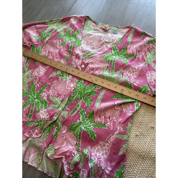 Palm Key Pink Green Elephant Giraffe Tree Print Button Front Shirt Ruffle Sz XL - Picture 7 of 10